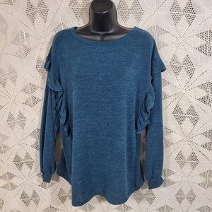 Melon size large blueish to greenish long sleeve sweater with side ruffles